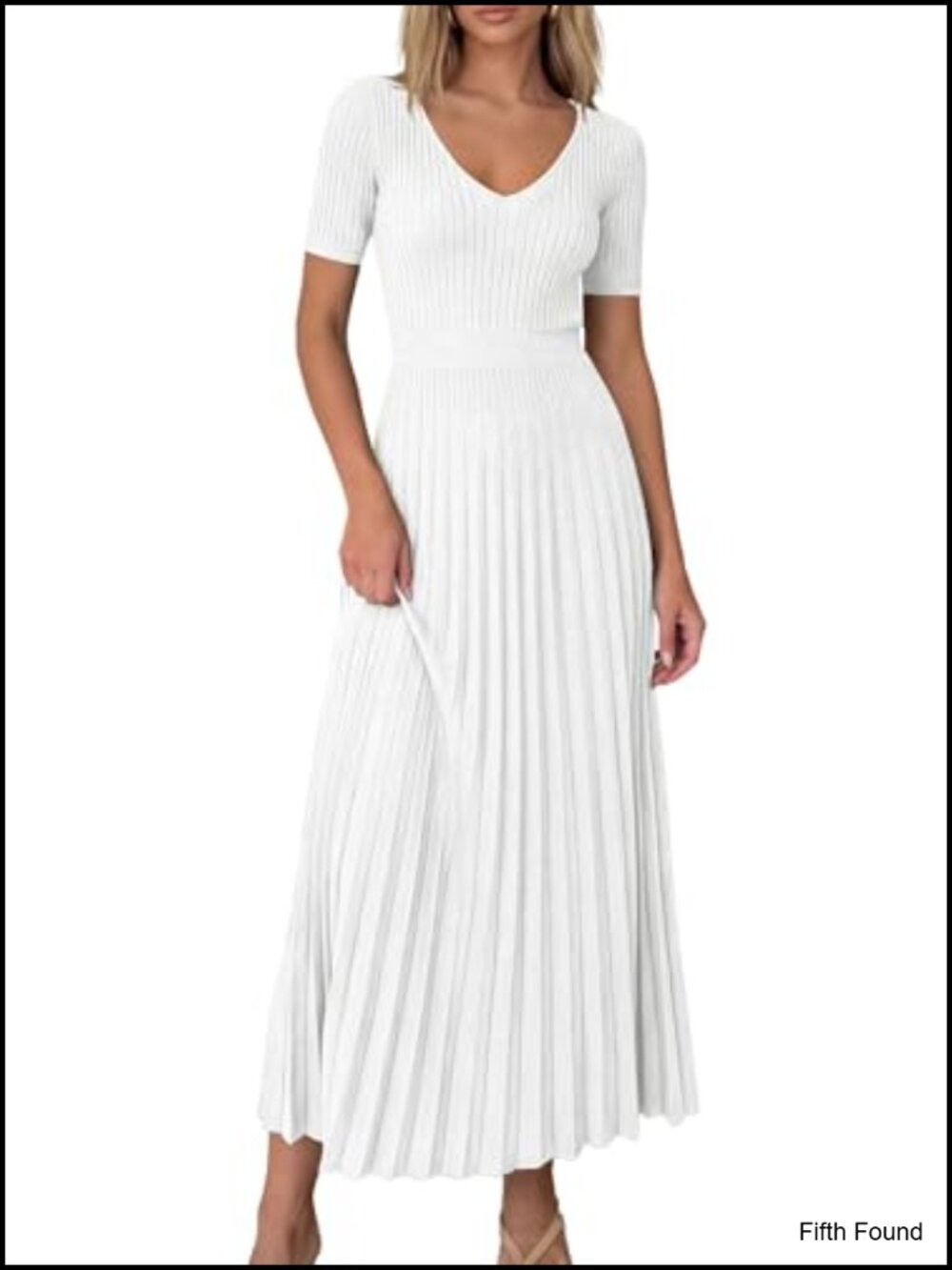 Pleated Midi Sweater Dress V-Neck Short Sleeve Knit A-Line